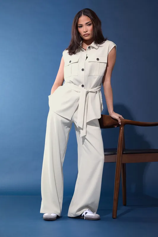 Petite Belted Utility Shirt & Wide Leg Trousers Set - PixieGirl