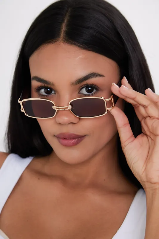 Chunky Metal Frame Rectangle Sunglasses in Brown and Gold - My Accessories London