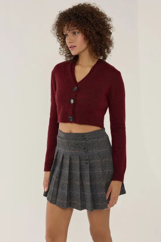 Knitted V-Neck Two Pieces Set with Button Detail