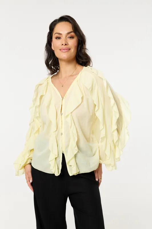 Yellow Ruffle Button Down Cotton Blouse - Liquorish