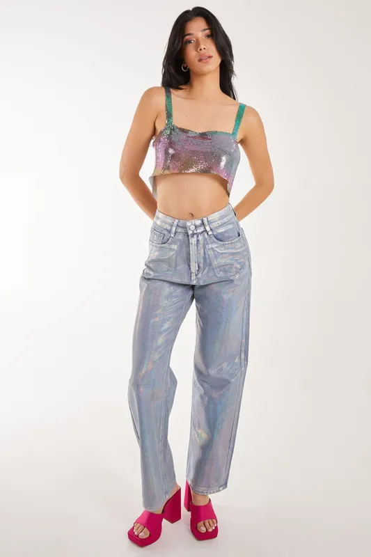 Metallic Silver Foil Coated Jeans - Pink Vanilla