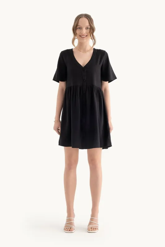V Neck Buttoned Short Sleeves Mini Dress - Hiccup