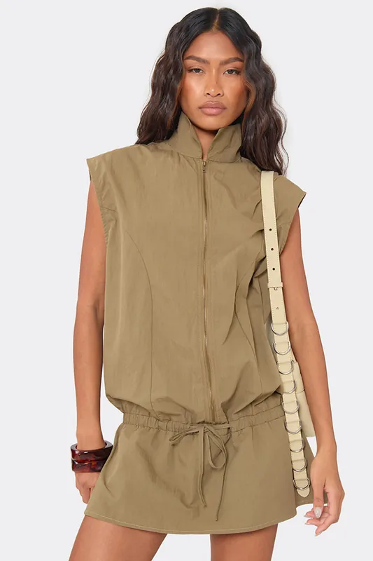 Cargo Sleeveless Zip Tie Waist Mini Dress - EGO