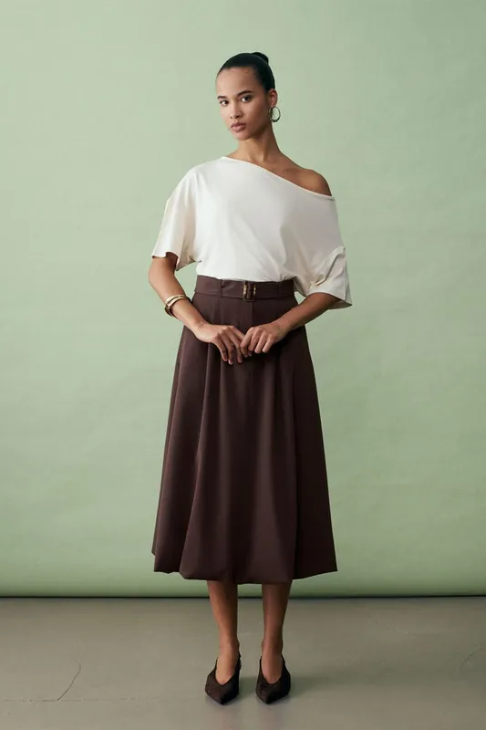 High-waist Belted Midi Balloon Skirt