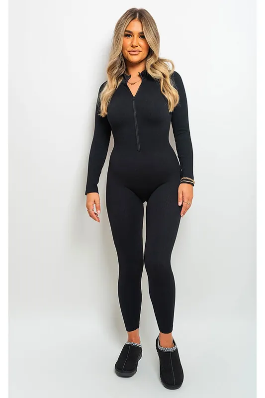 Kathryn Zipper Front Long Sleeve Bodycon Jumpsuit - IKRUSH