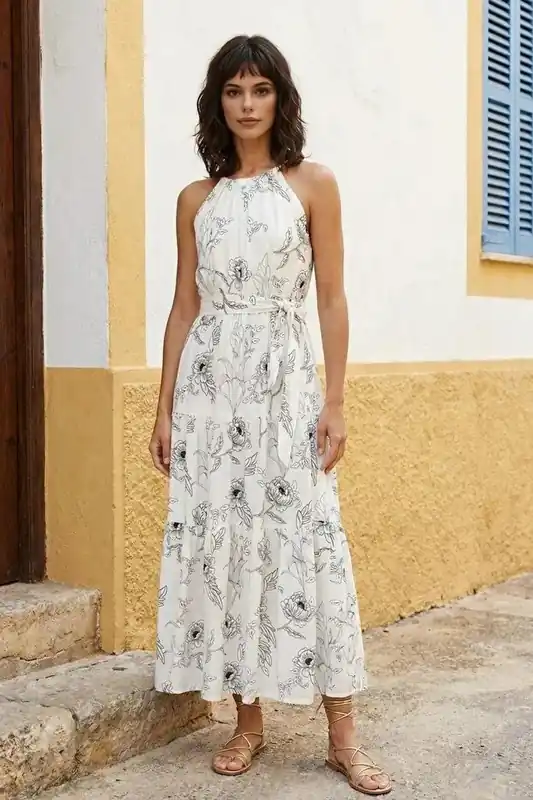 Floral Halterneck Maxi Summer Dress - WOVCOR