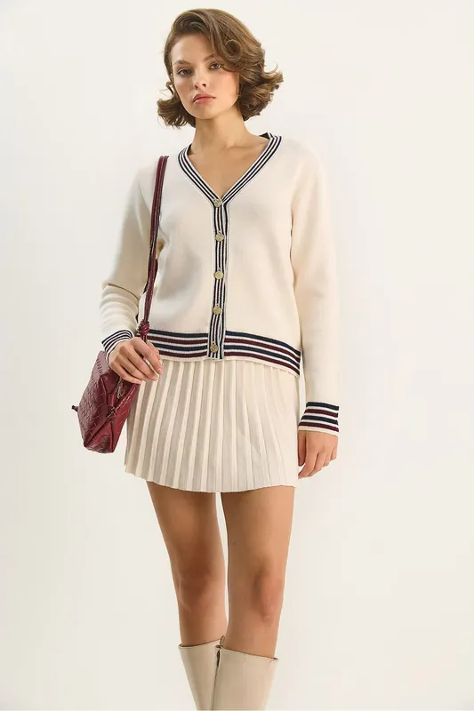 Striped V-Neck Buttoned Cardigan and Skirt Set