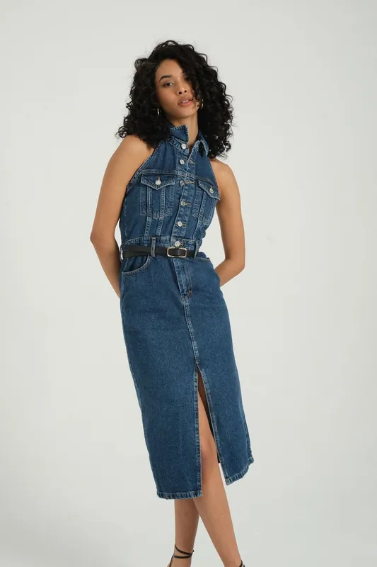 Denim Polo Collar Buttoned Front Slit Sleeveless Maxi Dress - Hiccup