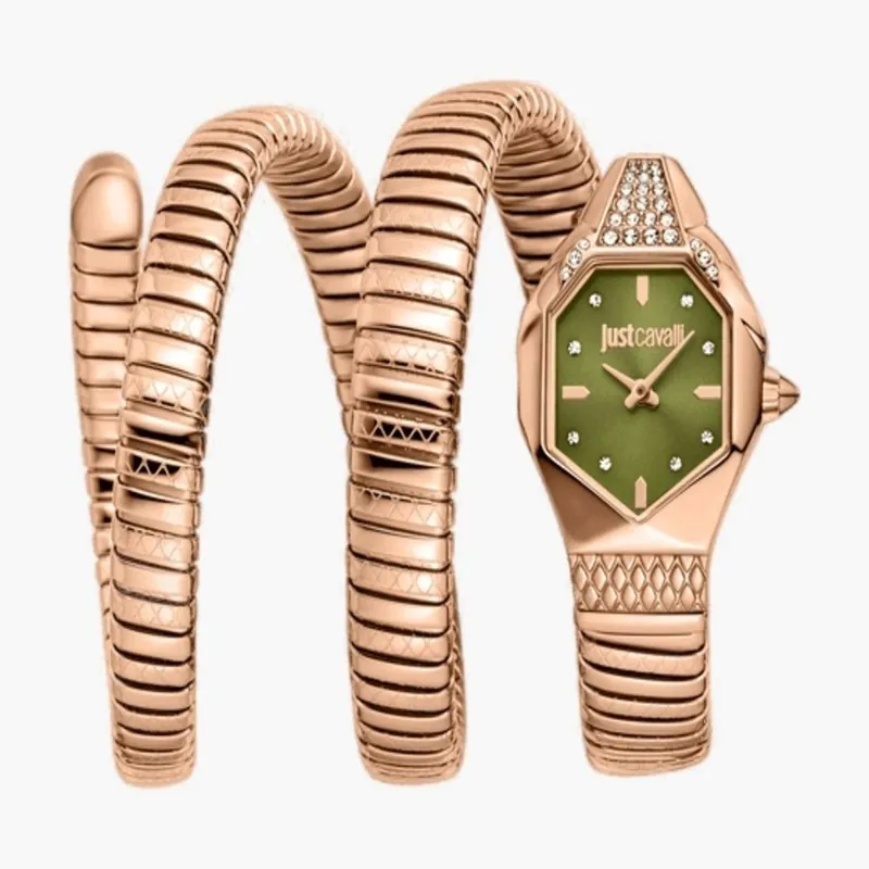 Women Snake Olive Dial Rose Gold Stainless Steel Watch - Just Cavalli