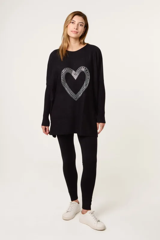 Black Heart Diamante Oversized Jumper - Blue Vanilla