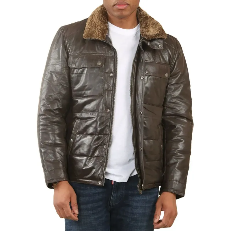 Quilted Faux Fur Collar Leather Jacket - TruClothing