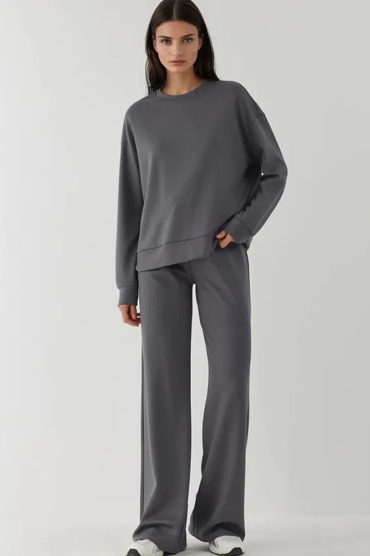 Modal Touch Basic Sweatshirt & Wide Leg Pants Two-Piece Coord Set
