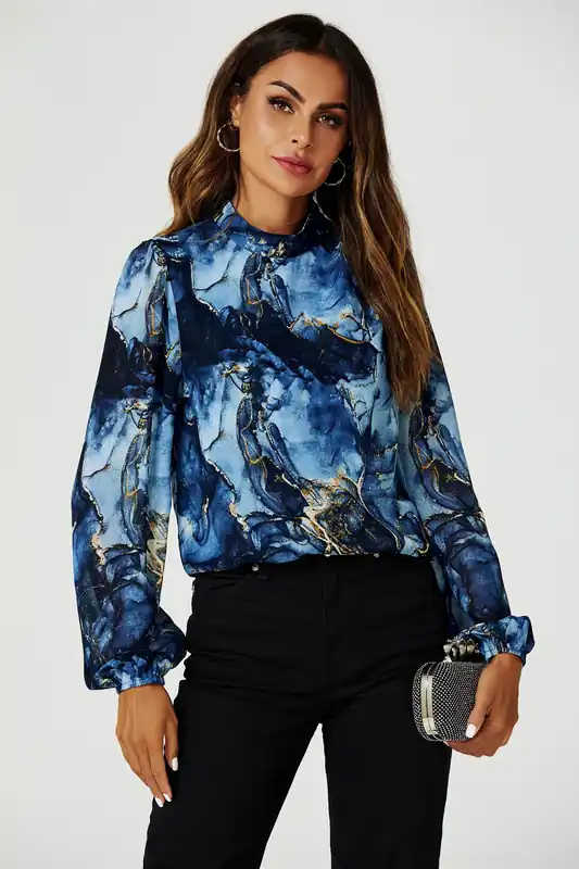 Marble Print Long Sleeve High Neck Top In Navy - FS Collection