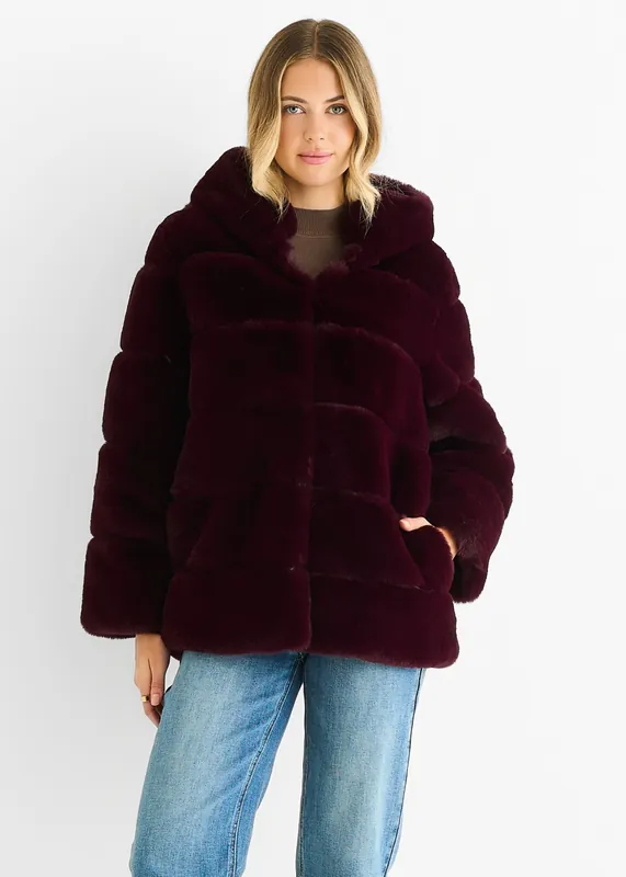 Dark Burgundy Horizontal Cut Fur Hooded Jacket - Gini London
