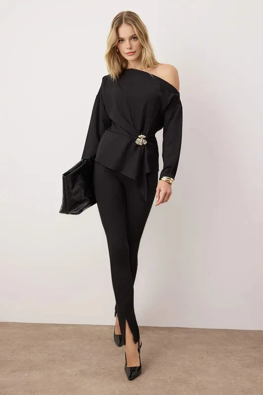 Off Shoulder Woven Blouse with Accessory Detail - WOVCOR