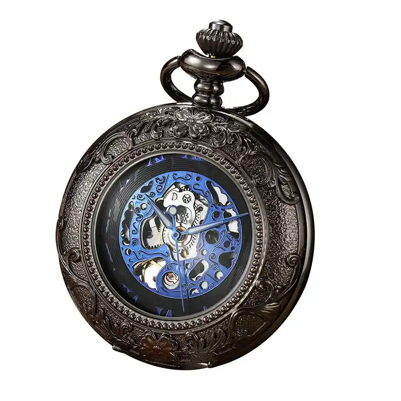 Vinatage Mechanical Alloy Skeleton Half Hunter Pocket Watch - Infinity Leather