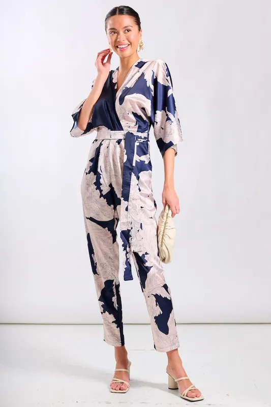 Navy Leaf Kimono Sleeve Jumpsuit - Needs No Label