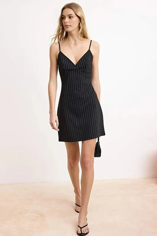 Pinstripe V Neck Mini A-Line Dress with Sleek Fit