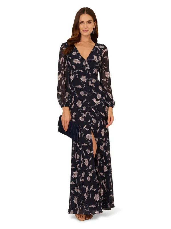 Print Chiffon Long Dress - Adrianna Papell