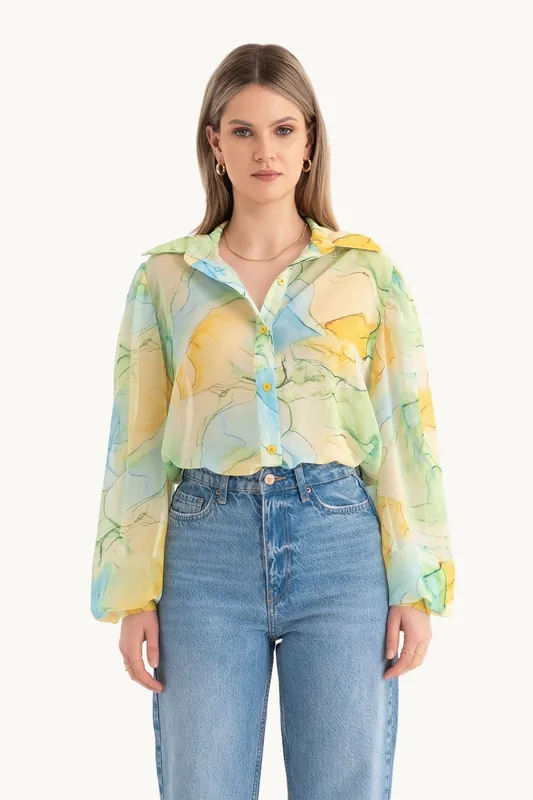 Abstract Chiffon Loose Sleeves Relaxed Shirt - Hiccup