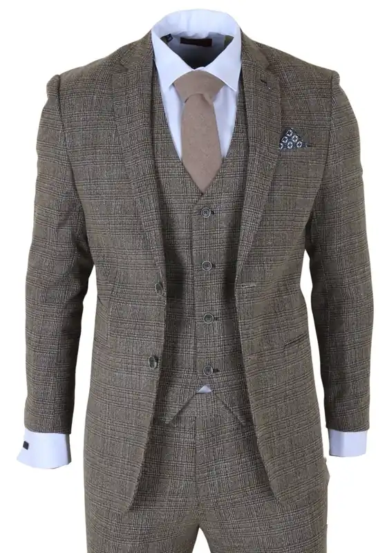Men's 3-Piece Classic Check Suit Slim Fit Plaid Formal Party Suit
