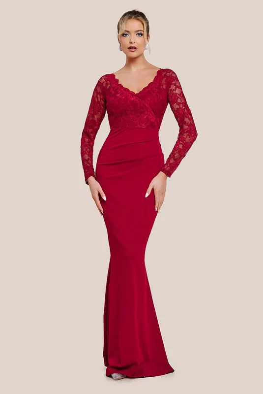Scalloped Lace & Scuba Maxi Dress - Goddiva
