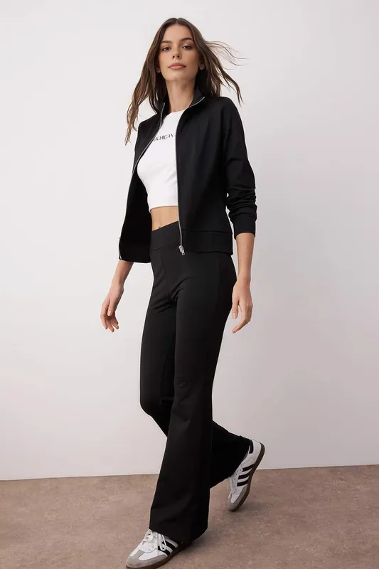 2-Piece Knit Raglan Sleeve Zip-Through Top and Flared Trousers Set