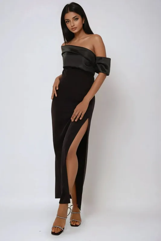Draped Off Shoulder Maxi Dress with Slit - Hiccup