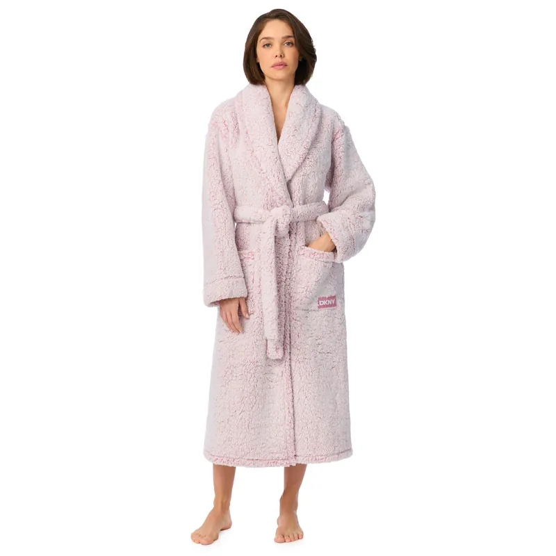 122cm Long Sleeve Shawl Collar Robe in Dusty Mauve Frosted Sherpa - DKNY