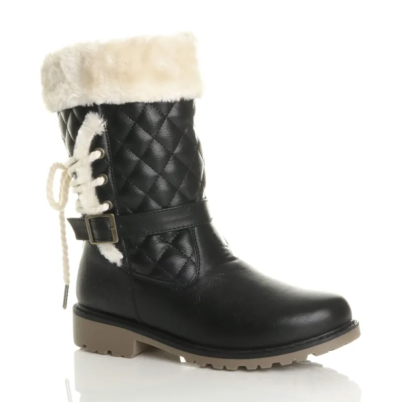 Quilted Faux Fur Lined Grip Sole Calf Boots - AJVANI