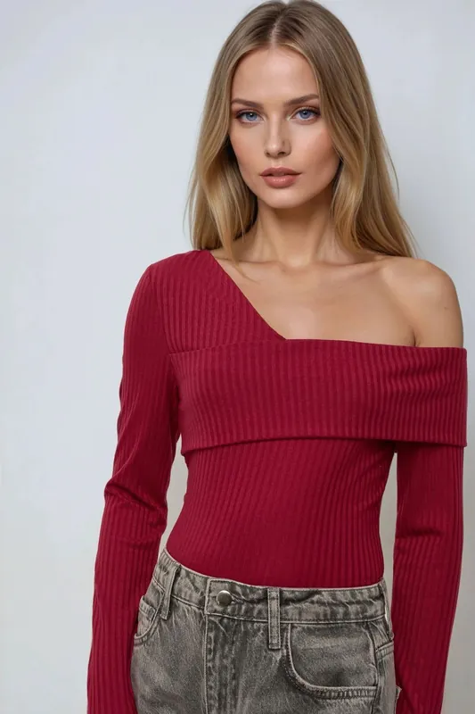 Asymmetrical Neck Textured Knit Top - Hiccup