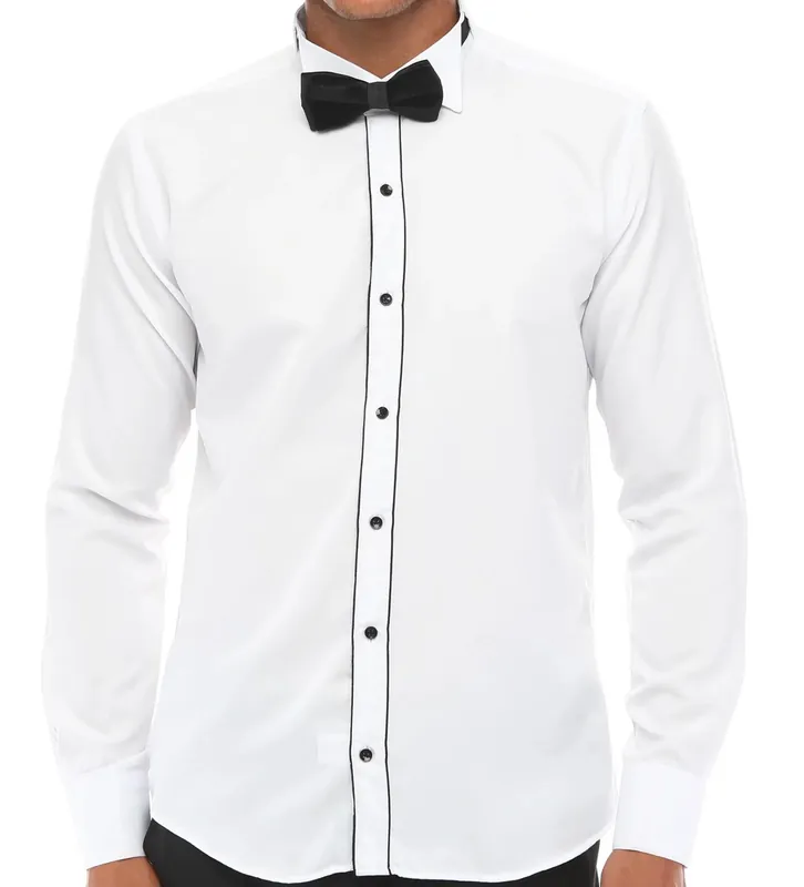 Wing Collar Double Cuff Piping Shirt With Stripe - TruClothing