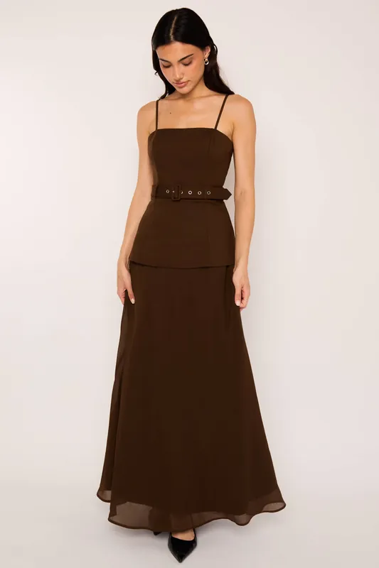 Joyce Belted Chocolate Brown Fit and Flare Tailored Maxi Dress - Jaded Rose