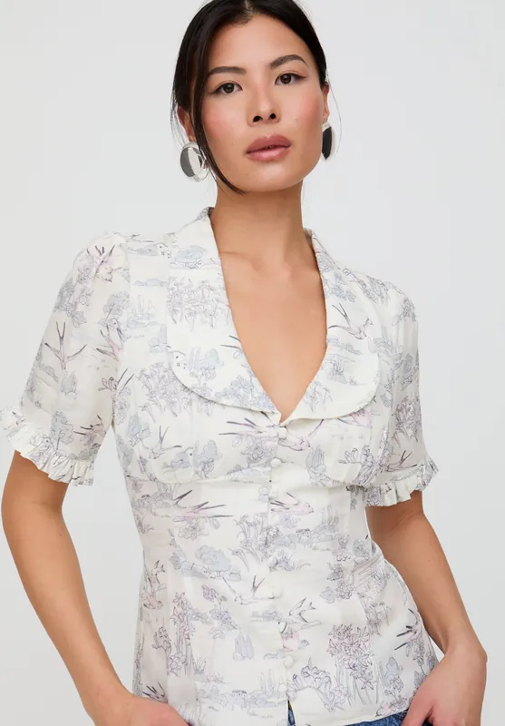Rachel Vintage Inspired Short Sleeve Josephine Print Shirt In Cream - Lily and Lionel