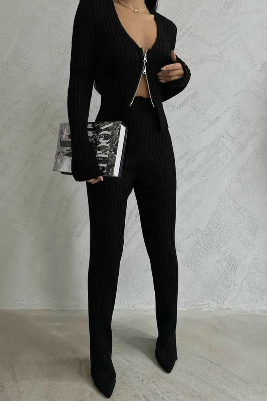 Scoop Neck Cardigan & High Waist Trousers Set - Hiccup