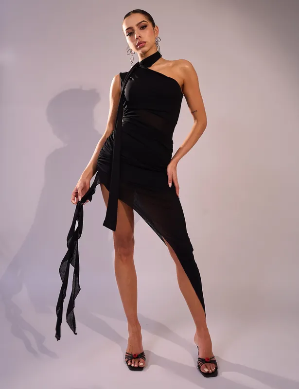 Mesh Choker Detail Asymmetric Midaxi Dress Black - Public Desire