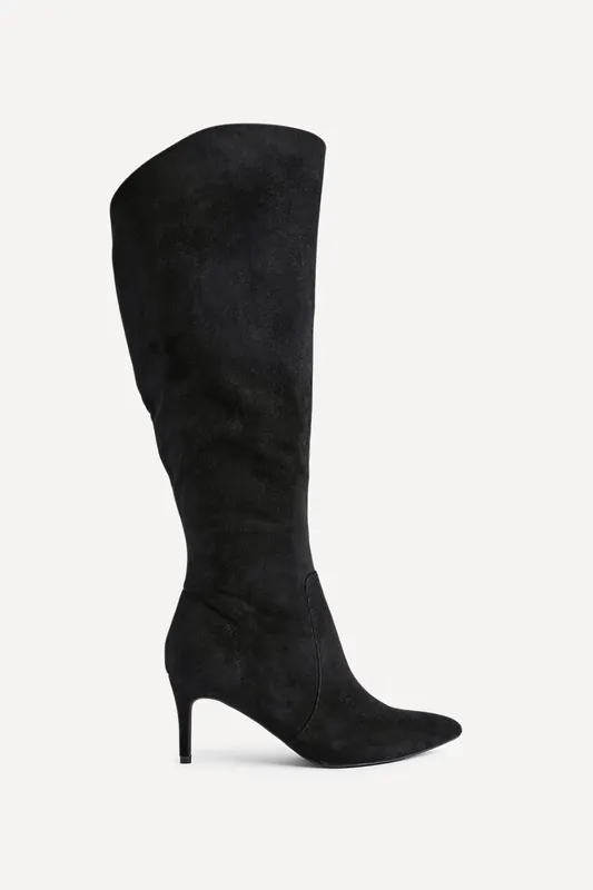 Ambition Black Faux Suede Assymetric High Leg Stiletto Boot - Linzi