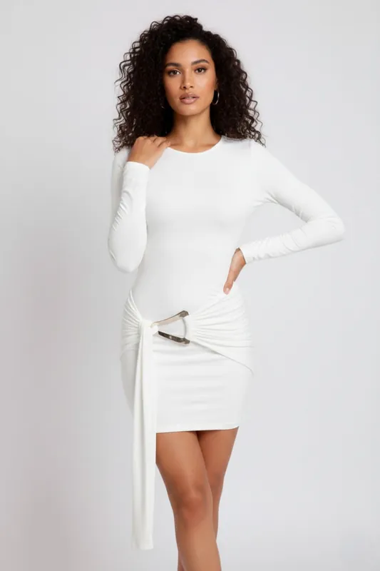 Buckle Detail Draped Long Sleeve Bodycon Mini Dress - STYLEWISE