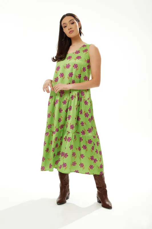 A-Line Maxi Dress In Green Floral Print