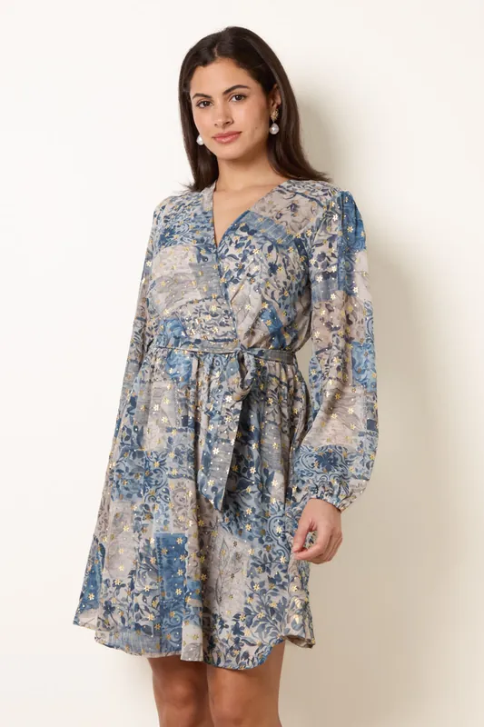Blue Foil Patchwork Mini Dress - Blue Vanilla