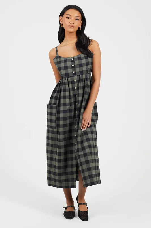 Button Down Strappy Plaid Midi Dress With Pockets - Brave Soul