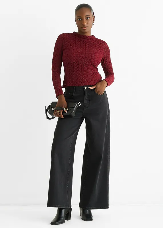Burgundy High Neck Jersey Lace Long Sleeves Top - Gini London