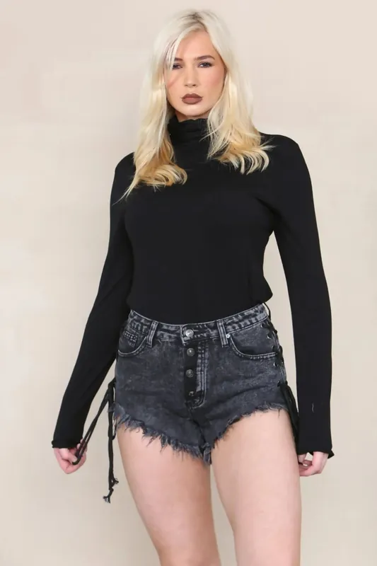 Lace Up Side Denim Frayed Shorts - Femme Luxe