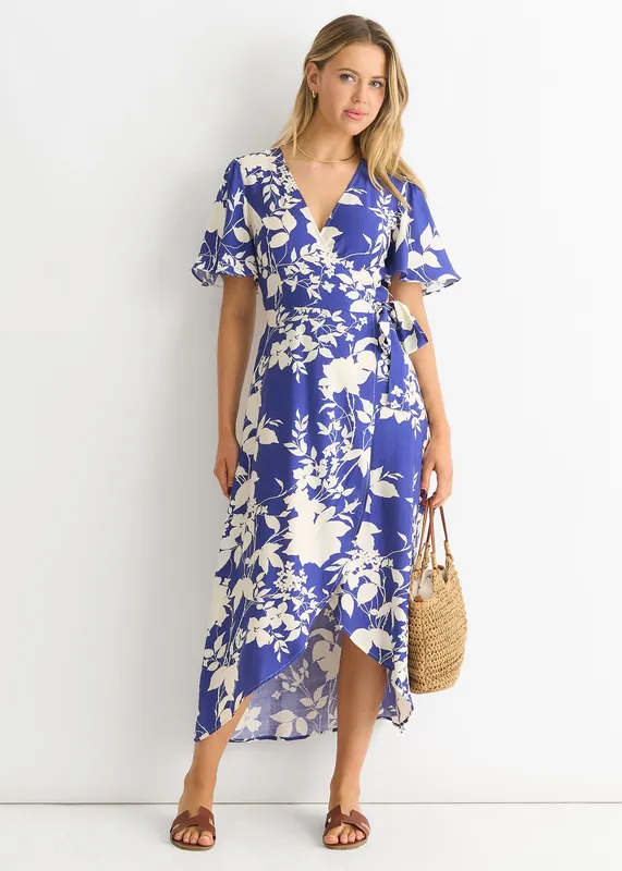 Blue Viscose Floral Wrap Midi Dress - Gini London