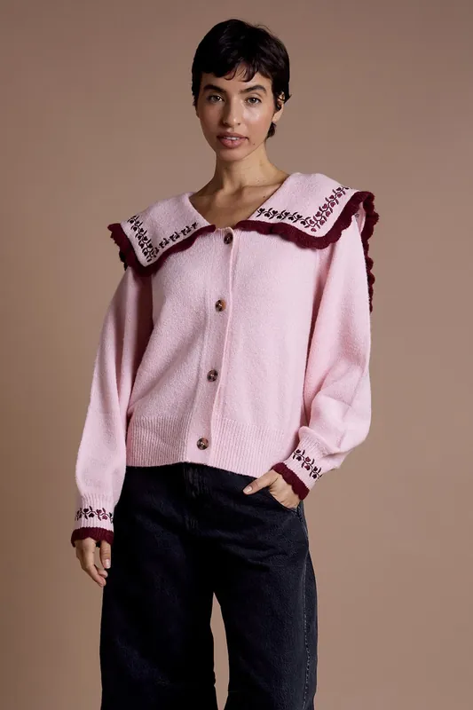 Sailor Collar Floral Embroidered Cardigan - Neon Rose