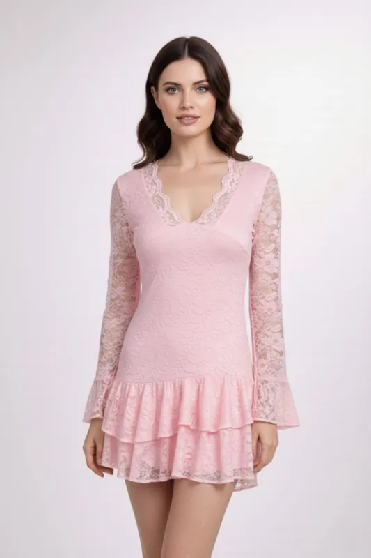 Lace Frill Bell Sleeve V-Neck Bodycon Mini Dress