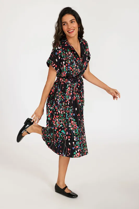 Black Floral Shirt Midi Dress with Tie Waist and Short Sleeves - FS Collection