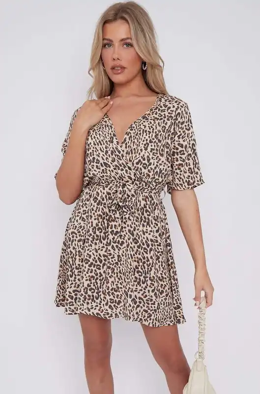 Leopard Print Wrapped Mini Dress - Love Sunshine