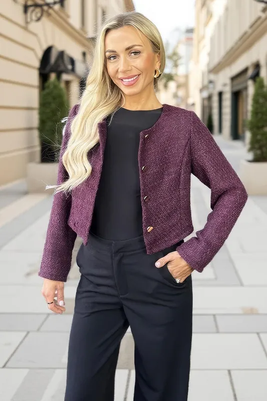 Wine Tweed Button Front Jacket - AX Paris