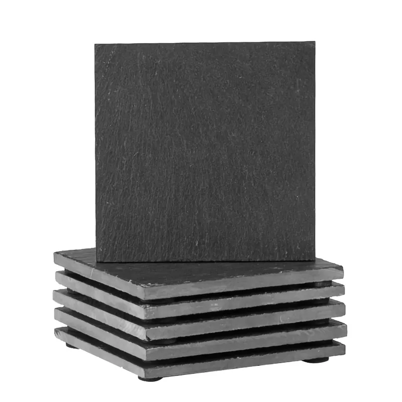 Linea Square Slate Coasters - 10cm - 6x Natural Black Stone Home Kitchen Drink Coffee Cup Glass Holder Table Mat Placemats